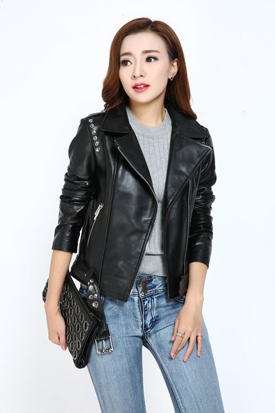 

women's short 2021 sheep leather jacket 4y9c, Black