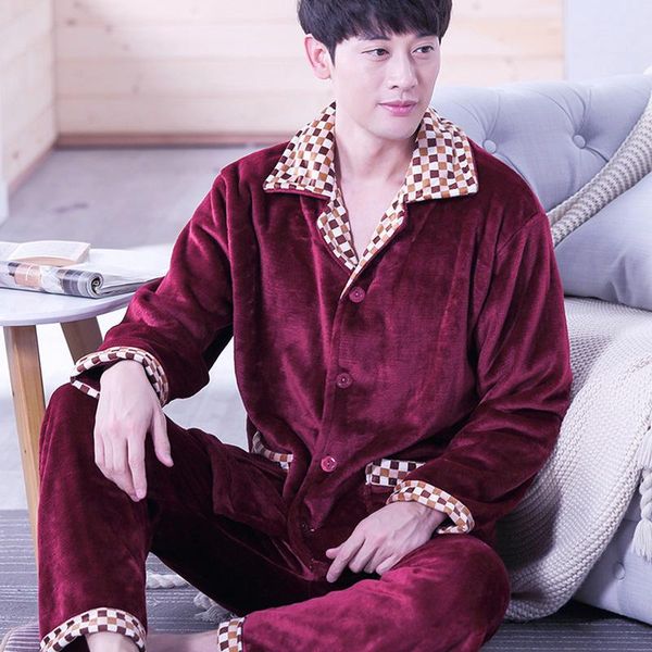 

men's sleepwear h5755 winter thickened pajamas men plus velvet flannel long sleeve nightwear set male coral warm casual household cloth, Black;brown