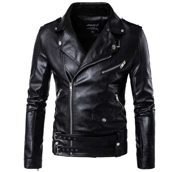 Motorcycle Piloto Jaqueta De Couro Moda Marca Masculino Designer Punk Vento Oblique Zipper Design Casaco de Casaco de Couro Masculino 211009