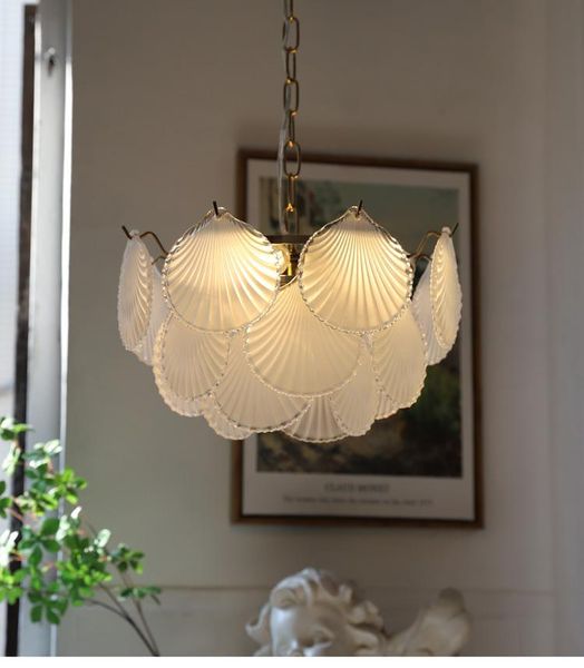 

sand white shell glass chandelier american retro nordic bedroom dining room living room lamp