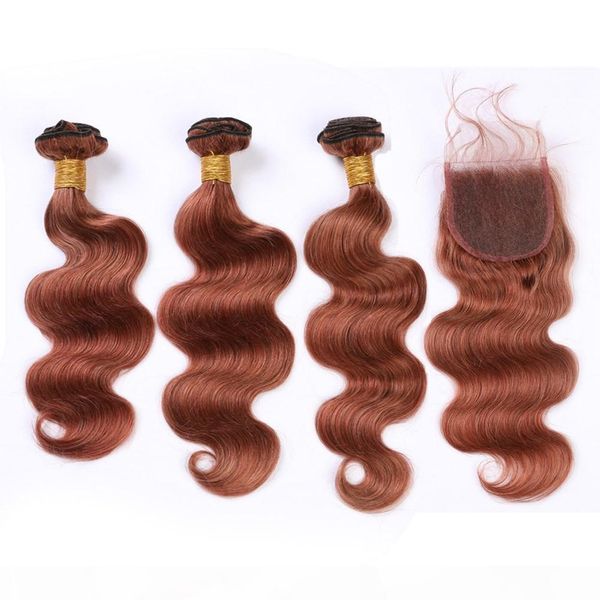 

dark auburn human hair 3bundles with closure #33 copper red body wave virgin hair lace closure with weaves reddish brown brazilian hair, Black