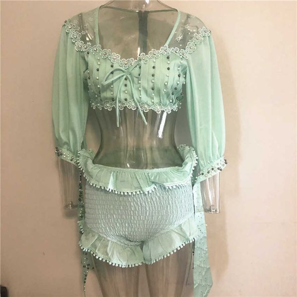 

two piece dress 2021 green women set beach 1/2 sleeve v-neck and shorts sets m60z, White