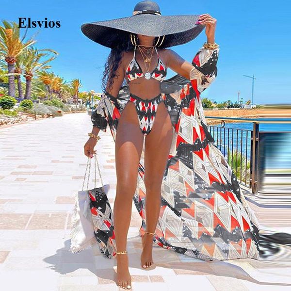 

2021 women push up high waist bikini set geometric print 3 piece swimsuit cover up bathing suit brazilian biquini swimwear