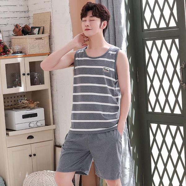

plus size l-4xl men's pajamas summer vest pajama set pijama hombre sleeveless o-neck casual male sleepwear homewear clothes, Black;brown