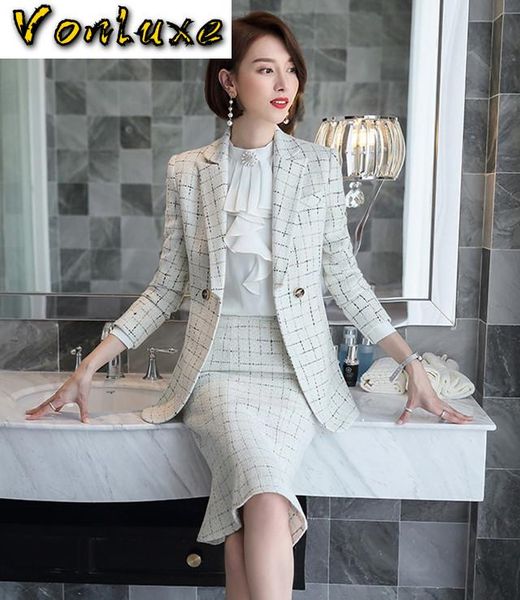 

two piece dress skirt suit women elegant plaid blazer jacket coat office ladies work formal business wear set winter clothes plus size, White
