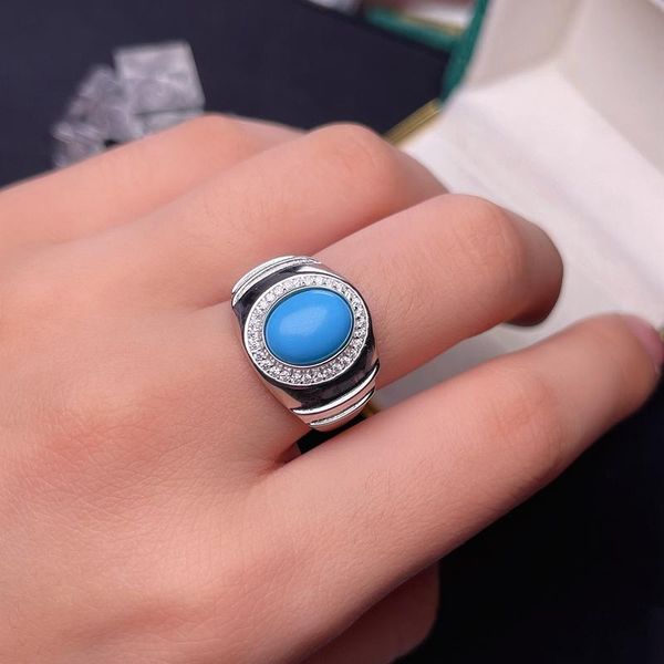 

cluster rings super grand blue turquoise men's ring 925 sterling silver colorless birthday gift, Golden;silver