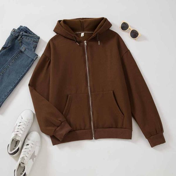 

women's hoodies & sweatshirts brown zip up hoodie y2k streetwear sweatshirt cotton hip hop aesthetic long sleeve pullover pockets cloth, Black