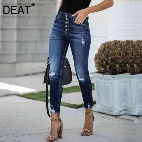 DEAT Deep Blue Jeans Holoe Quaste Knopf Hohe Taille Slim Kleine Füße Hosen Frauen Casual Softener Fit Mode HT211 210708