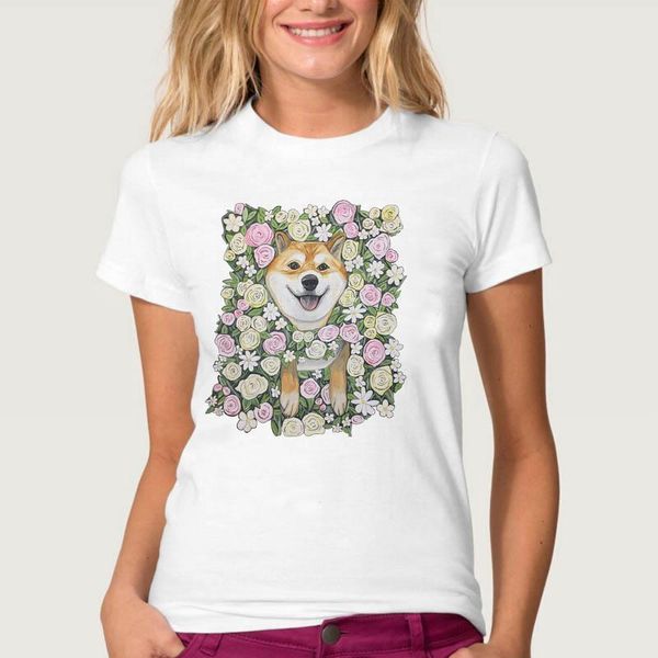

women tshirts dog flower fashion summer tee ladies printed woman female t-shirt clothes tshirt casual short sleeve t top, White