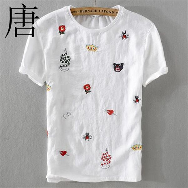 

linen 2021 summer new brand men short sleeve t-shirt fashion loose t shirts embroidery stitching tshirt male srz8, White