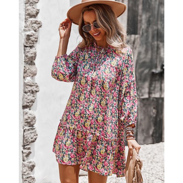 

floral loose dress autumn boho beach dresses office lady clothing fashion bow-kont outfits soft casual skirt, Black;gray