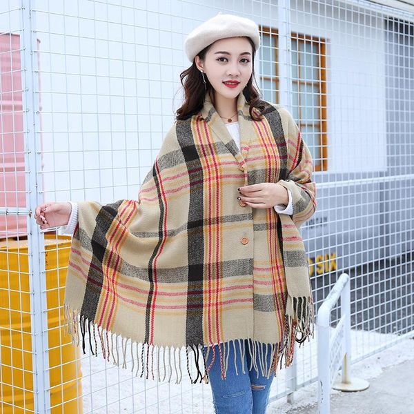 

scarves autumn and winter women european american button tassel warm shawl imitation cashmere british style scarf, Blue;gray