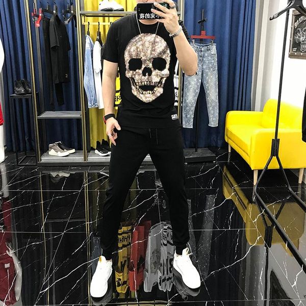 

men's tracksuits summer casual t-shirt breathable pure cotton shiny diamond skull track suit outdoor streetwear/+ pants, Gray