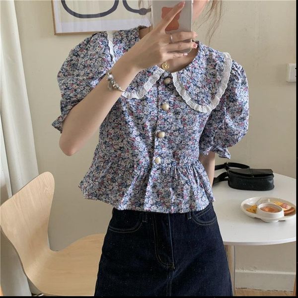 

floral retro shirt womens short sleeve 2021 chic girls high waist chic gentle all match stylish new loose blouses, White