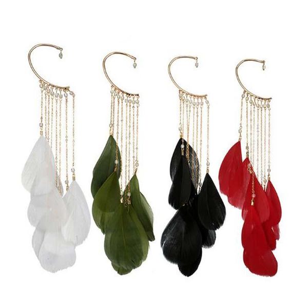 

clip-on & screw back 2021 antique gold color alloy chain long tassel feather pendant ear clips punk boho earrings for girls women jewelry, Silver