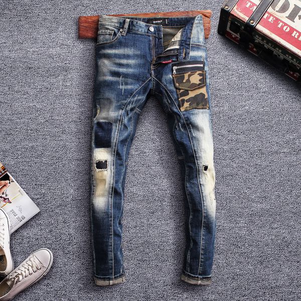 

2021 new italian style fashion slim fit patch camouflage pocket ripped men streetwear hip hop jeans homme jy1t, Blue