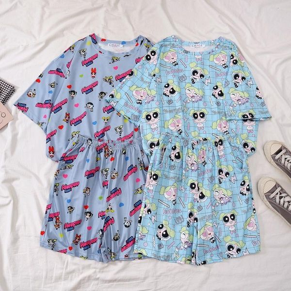 

women harajuku 2pcs set kawaii buttercup girls printed police girls t-shirt +short pants korean casual tracksuits lady suit, Gray