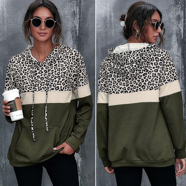 

women's hoodies & sweatshirts loose long sleeve fashion leopard print stitching hooded green, Black