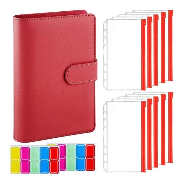 

gift wrap 13pcs a6 pu leather notebook budget binder set, with 10 pockets, 6-ring cover, card storage