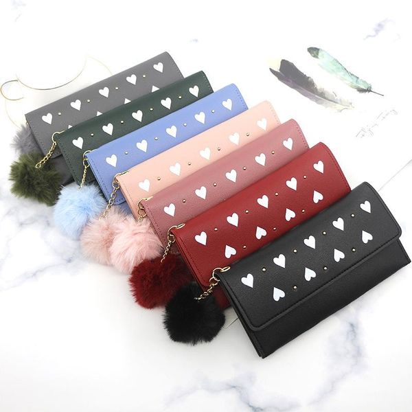 

wallets long women's fashion wallet female purses heart coin hairball luxury card holder leather clutch money bags, Red;black
