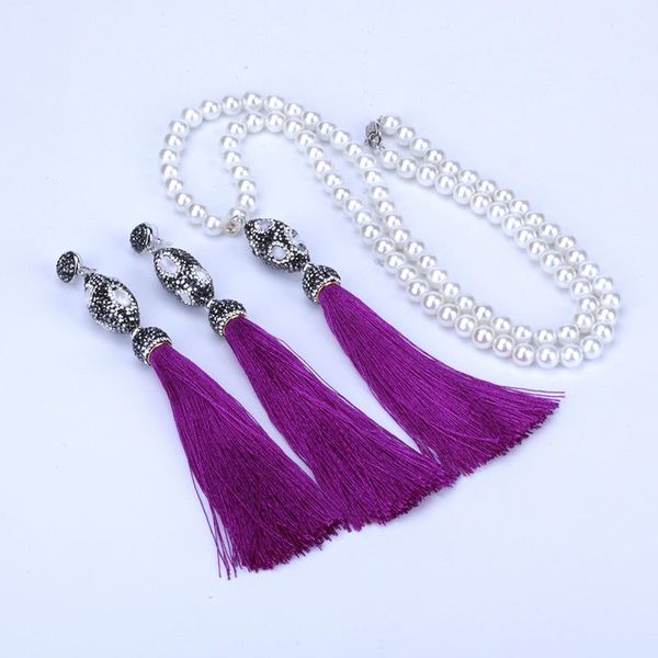 

earrings & necklace color of the year 2021 ultra voilet elegant purple thick silk tassel earring pendant pearl jewelry set for women, Silver