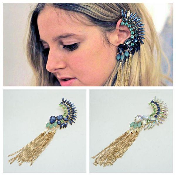 

clip-on & screw back luxury full rhinestone crystal clip earrings wholesale gold earring cuff chains tassel flower leaf ear for women e387-1, Silver