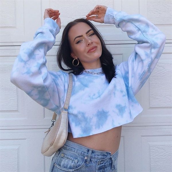 

lusofie tie dye printed long sleeve sweatshirt women casual loose crop sweat shirt streetwear autumn hoodies ladies 210310, White