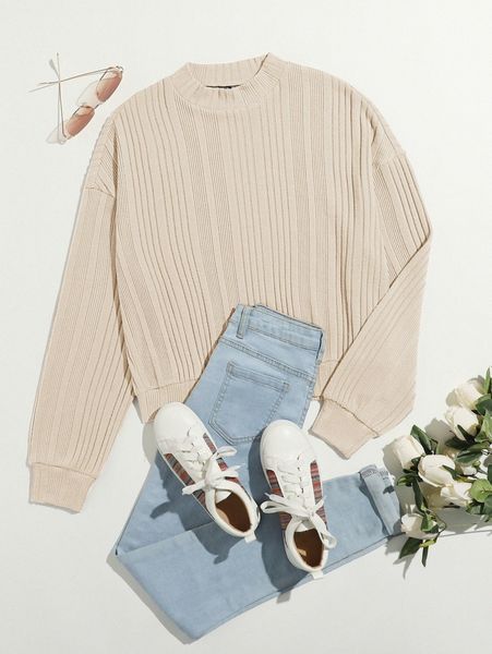 

drop shoulder rib-knit solid pullover x6sm#, White;black
