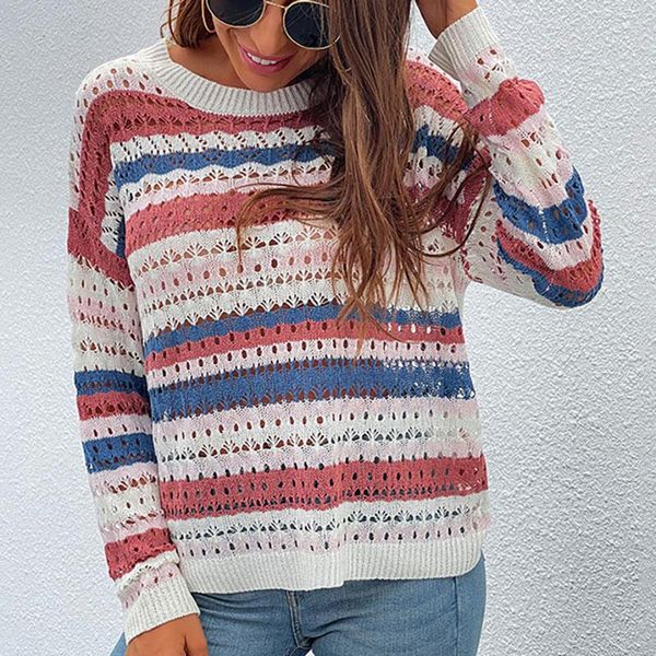 

women's sweaters women pullovers loose hollow striped autumn o-neck colorful stitching long sleeve casual jumper pull femme, White;black