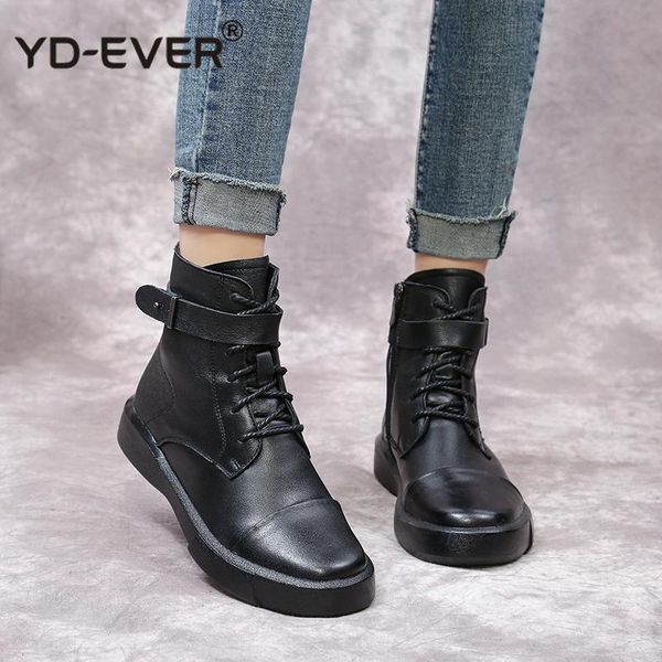 

boots winter women genuine leather ankle plush inside handmade soft flat shoes retro women's, Black