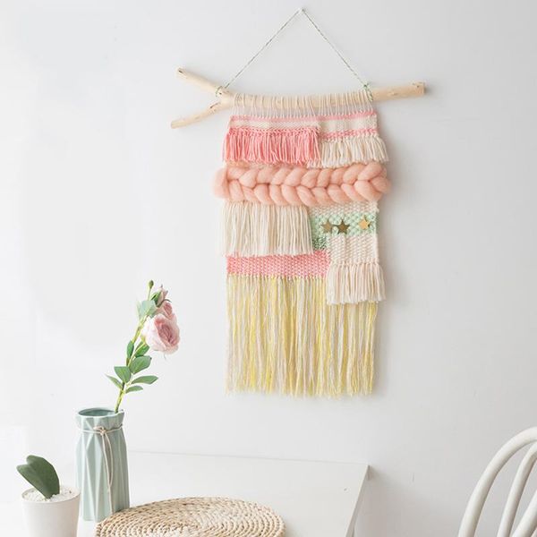 

tapestries pink tassel macrame bohemian tapestry wall hanging chic geometric art handicrafts woven for home living room decoration