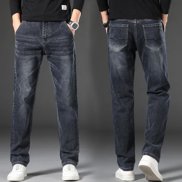 

men's jeans brand fashion plus size 40 42 44 46 classic blue gray business casual denim pants slim straight-leg trousers male
