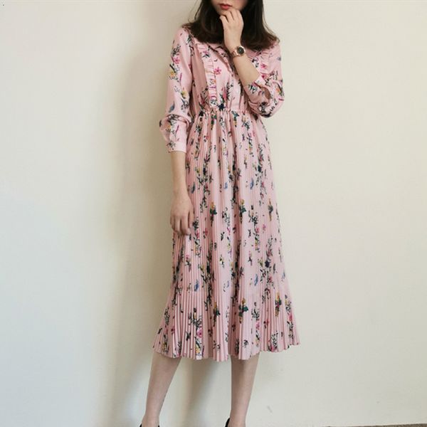 

2021 new feminino plissado gola mid-bezerro vestido de manga longa impresso floral cintura alta babados primavera vero temperamento senhoras, Black;gray