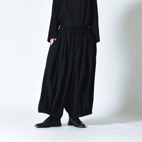 

men's pants trousers wide leg skirt super loose, pleated, dark casual large size, Black