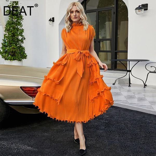 

pleated woman dress ruffled hem solid elegant short sleeve with sashes long length vintage 2021 summer fashion xq172 casual dresses, Black;gray