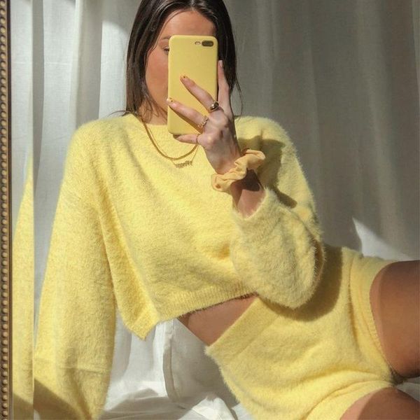 

women's tracksuits casual women tracksuit yellow shorts lounge wear long sleeve shirt and high waist mini two piece set, Gray