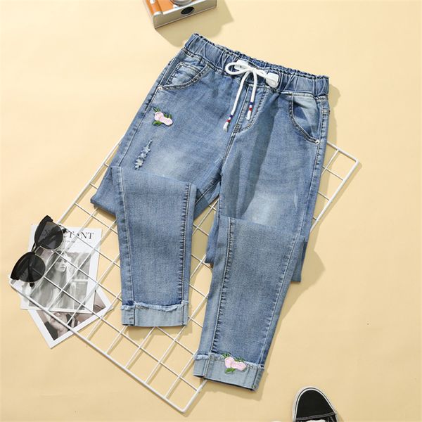 

2021 new women spring summer elastic waist embroidery female ankle length denim office lady large size casual trousers 8qec, Blue