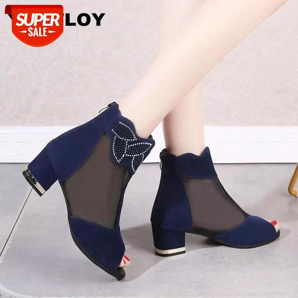 

Women Pumps High Thick Black Heels Ladies Shoes Rivet Mesh Zipper Open Toe Casual Party wedding Chunky Dress Sandal Platform #T445