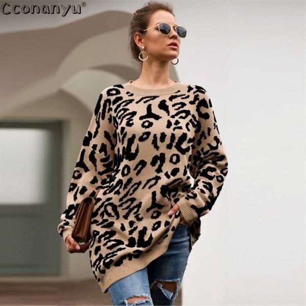 

autumn winter clothing ladies long sweater fashion womens loose pullovers and s leopard print knitted 211011, White;black
