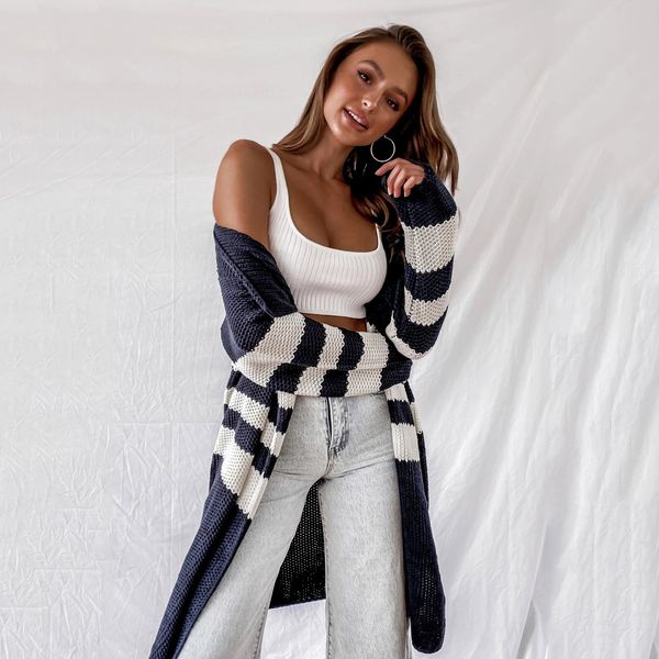 

female cardigan women's stripe sweaters 2020 jackets knitted clothing autumn female oversize long coats clothes loose outerwears ycd3, White;black