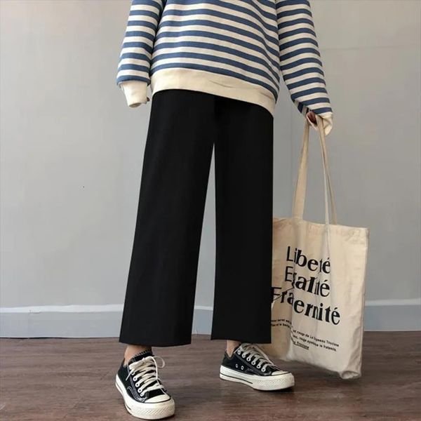 

cusual spring summer ankle length women capris loose wide leg elastic high waist oversize black simple comfortable elegant ladies, Black;white