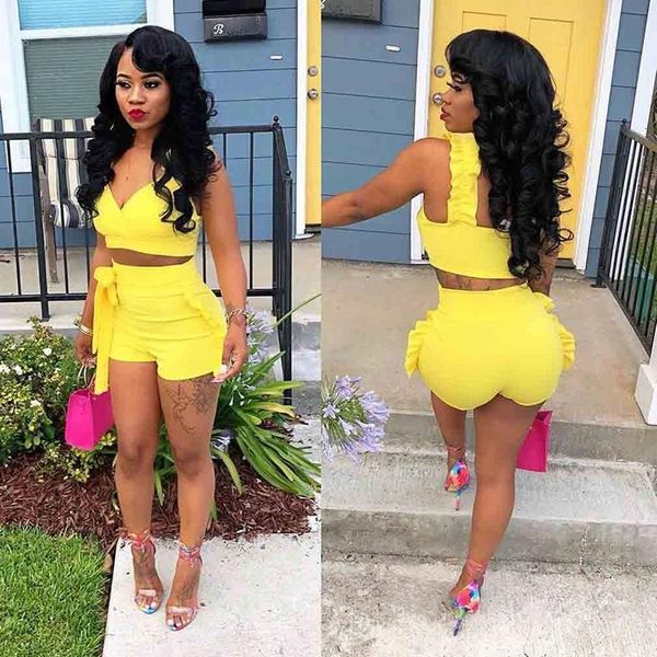 

two piece set summer women crop high waist shorts 2pcs ruffles bow outfits ladies yellow slim matching clothes sets suits, Gray