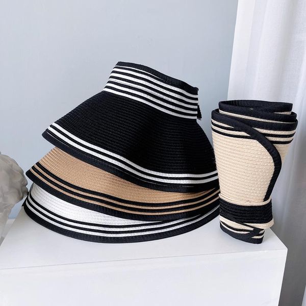 

wide brim hats japanese striped empty hat women's summer sunscreen breathable straw, Blue;gray