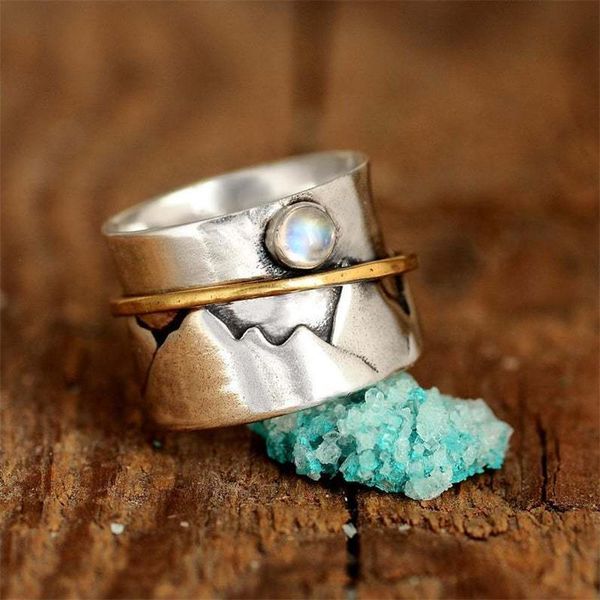 

cluster rings retro ethnic style engagement ring fashion moonstone women's wide version bohemian accessories jewelry, Golden;silver
