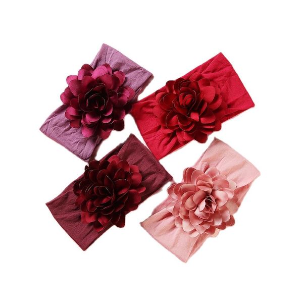 

soft stretch satin rose flower baby head band newborn turban wide nylon headwraps baby headwear hair accessories for girls kids, Slivery;white