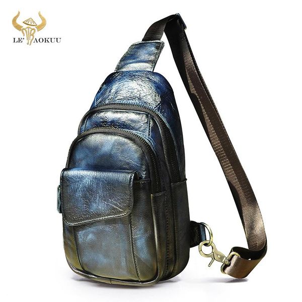 

2021 original leather men blue fashion travel triangle chest sling bag design 8" tablet one shoulder strap bag daypack male 8013