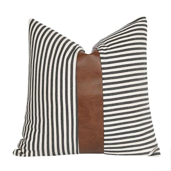 

cushion/decorative pillow striped cover with faux leather accent/ stitched select collection/modren look decorative farmhouse cushion