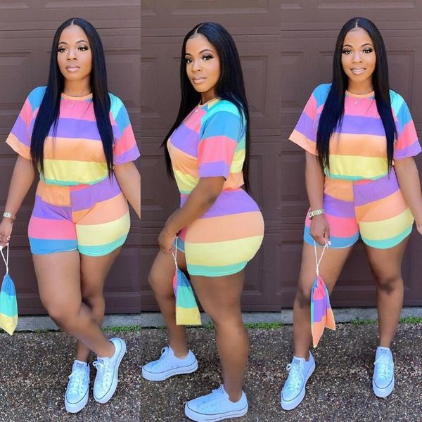 

women's tracksuits y5196 summer european and american fashion casual digital printing rainbow slim short sleeve two-piece suit, Gray