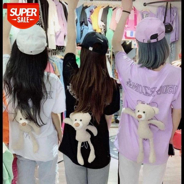 

t-shirt women 2020 summer new with the same ins with a three-dimensional bear loose mid-length short sleeves student shirt #fv4r, White
