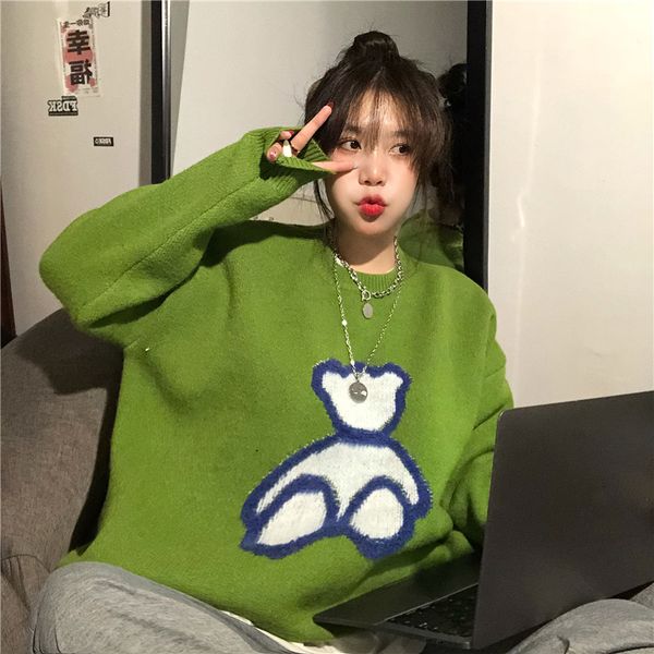

2021 new women's autumn and winter long-sleeved round neck cartoon jacquard knitted sweater college style y7th, White;black